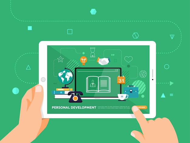 illustrations design concpt e-learning with hand click on tablet online course personal development