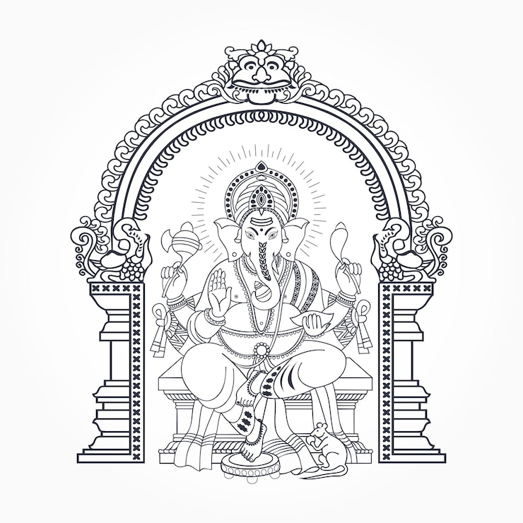 Vektor indian hindu goddess rich parabhavali ganapaty lineart illustration