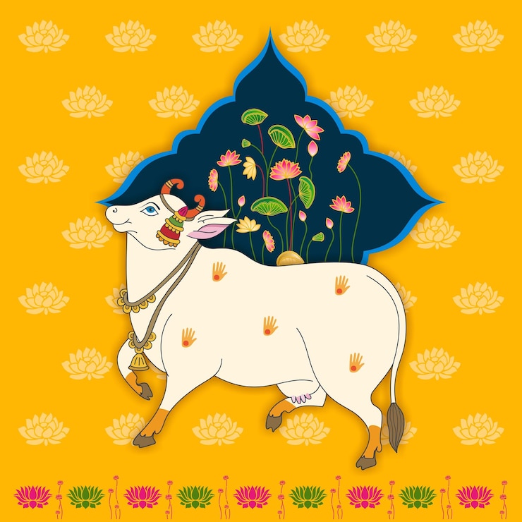 Vektor indian traditional cow painting with elegant lotus designs