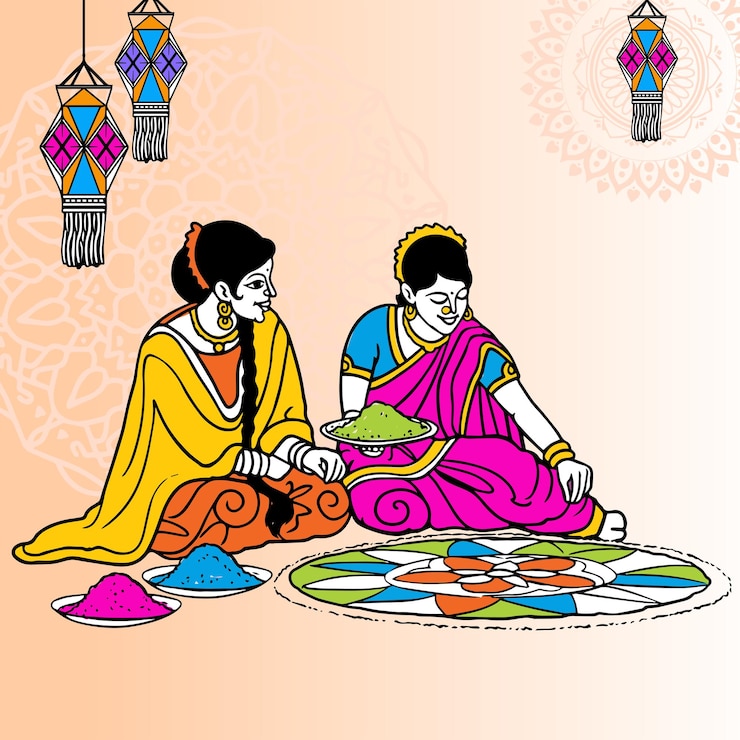 Vektor indian women in traditional clothes making flowers and diya lamps rangoli on diwali festival.