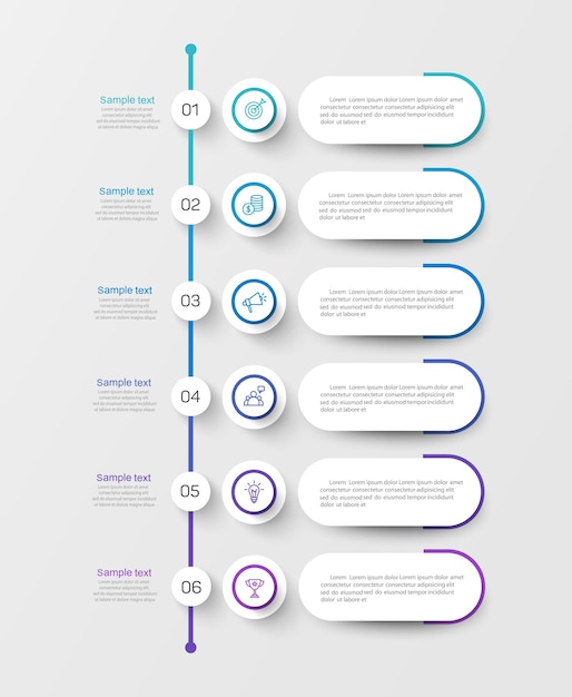 Infografisk designmal for forretningsvektorer med ikoner og 6 alternativer eller trinn