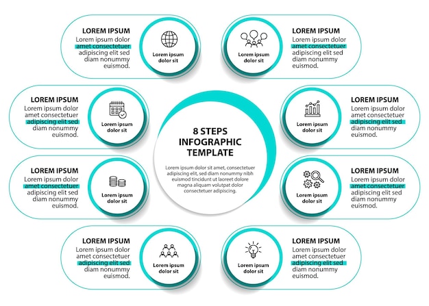 Infografisk flytskjema-designmal med 8 trinn