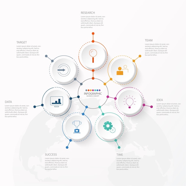 infographic design template with thin line icons and 7 options, process or steps.