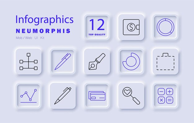 Infographics set icon Wallet pen fountain pen pie chart briefcase network data graph finance writing tools office supplies presentation analysis information statistics visual data