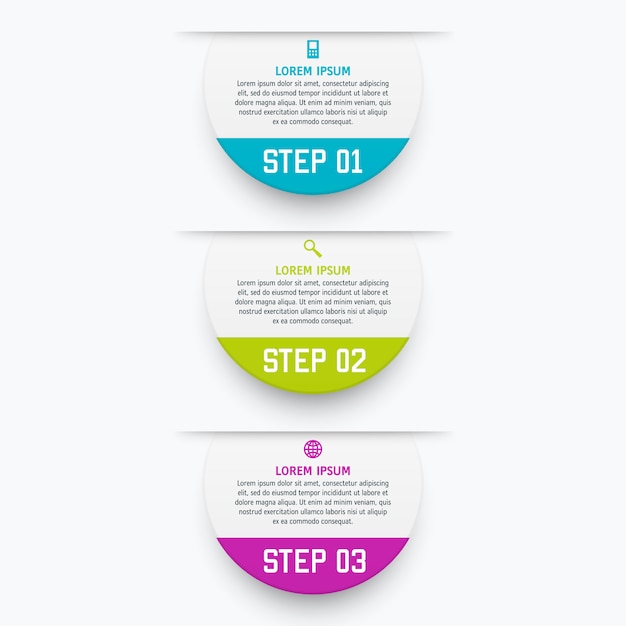  infographics template with three options in material  style. It can be used as a chart, numbered banner, presentation, graph, report, web etc.
