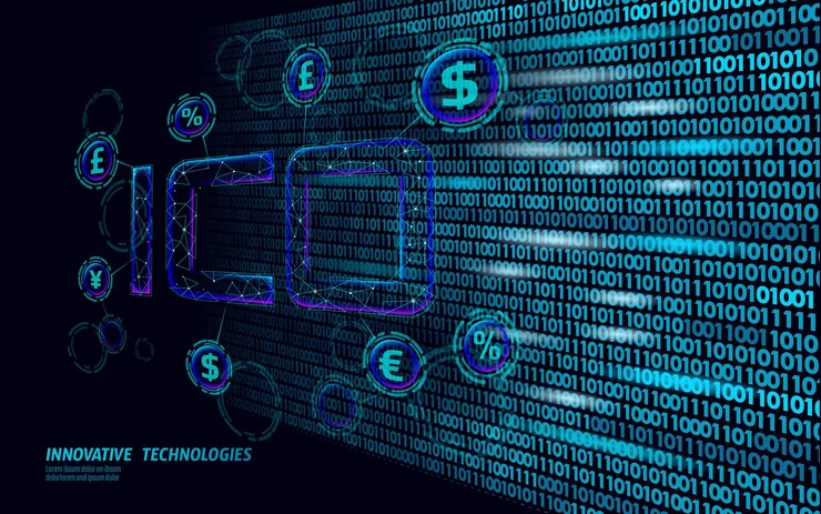 Vektor initial coin offering ico letters technology concept business finance economy low poly design style currency crypto banking online offer internet commerce block chain vector illustration