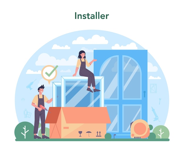Installer concept Worker in uniform installing window and door Professional service repairman team Construction service house renovation Isolated flat vector illustration