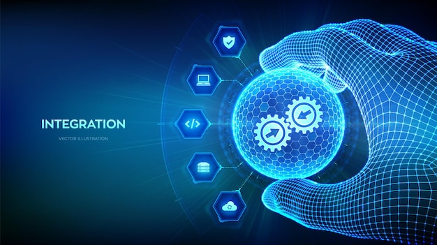 Integration data system Industrial smart tech Integration concept in the shape of sphere in hand