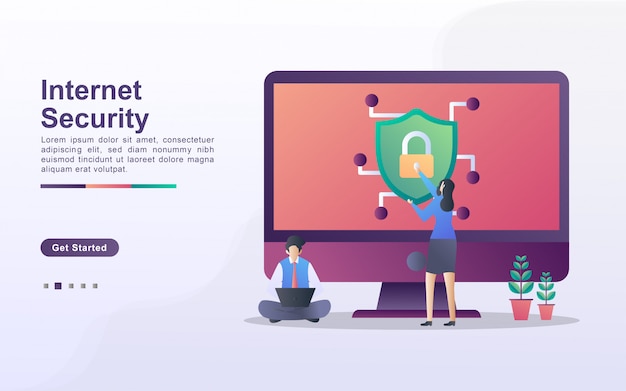 internet security illustration concept with tiny people. the team is securing internet access from being hacked.