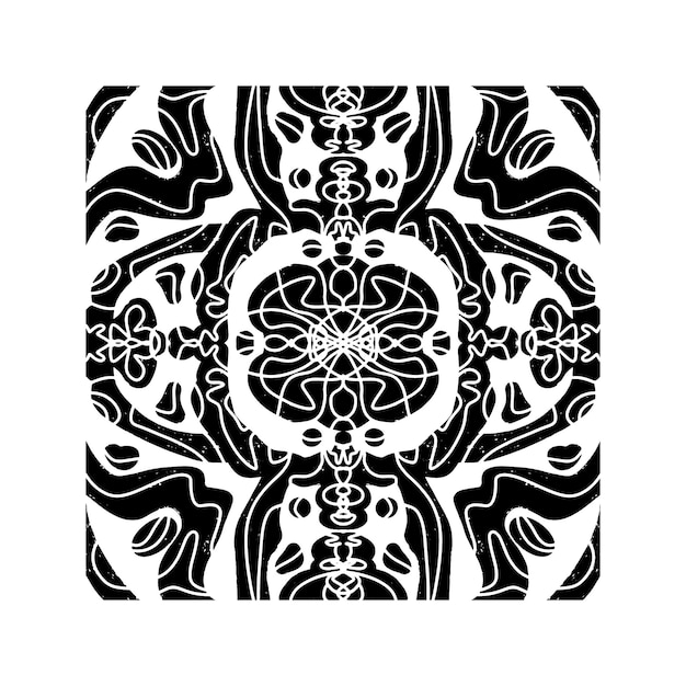Intricate black pattern with symmetrical ornamental pattern in linocut style Grunge texture tile shape vector element