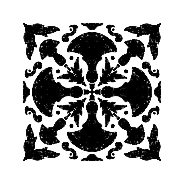 Intricate black pattern with symmetrical ornamental pattern in linocut style Grunge texture tile shape vector element