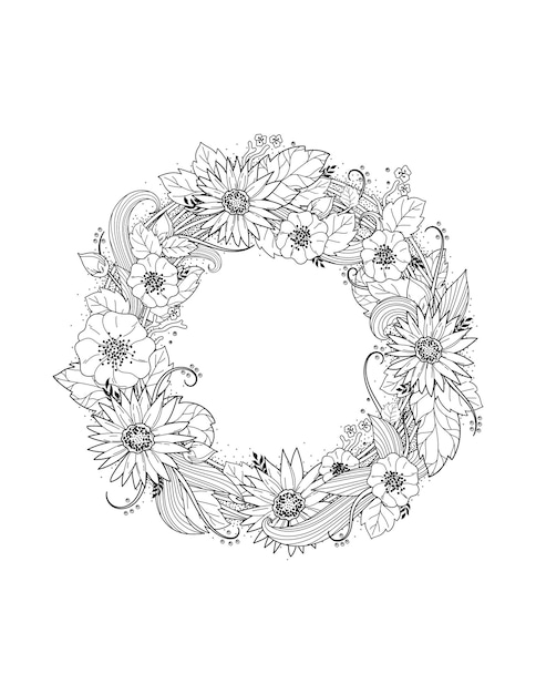 Intricate flower wreath design zentangle arts for kids and adult coloring page and coloring book