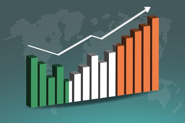 Ireland 3D bar chart graph with ups and downs, increasing values, upward rising arrow on data