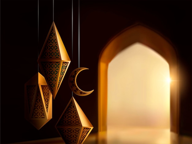 Islamic festival design with carved lanterns on bokeh arch interior baround, 3d illustration