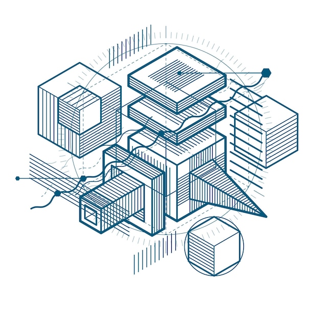 isometric abstract background with linear dimensional shapes, vector 3d mesh elements. composition of cubes, hexagons, squares, rectangles and different abstract elements.