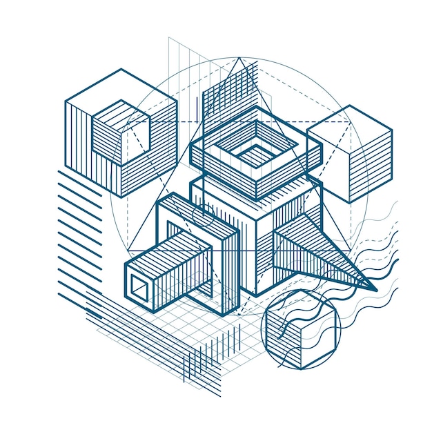 Isometric abstract background with lines and other different elements, vector abstract template. Composition of cubes, hexagons, squares, rectangles and different abstract elements.