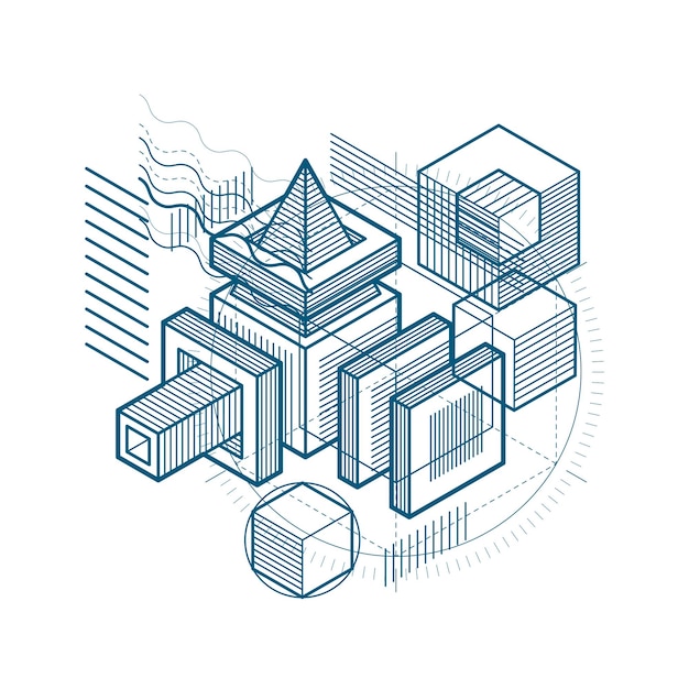 Isometric abstract background with lines and other different elements, vector abstract template. Composition of cubes, hexagons, squares, rectangles and different abstract elements.