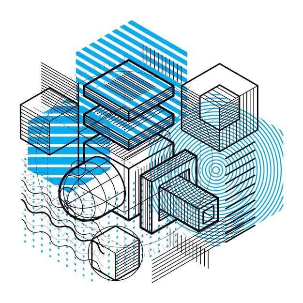 isometric abstraction with lines and different elements, vector abstract background. composition of cubes, hexagons, squares, rectangles and different abstract elements.