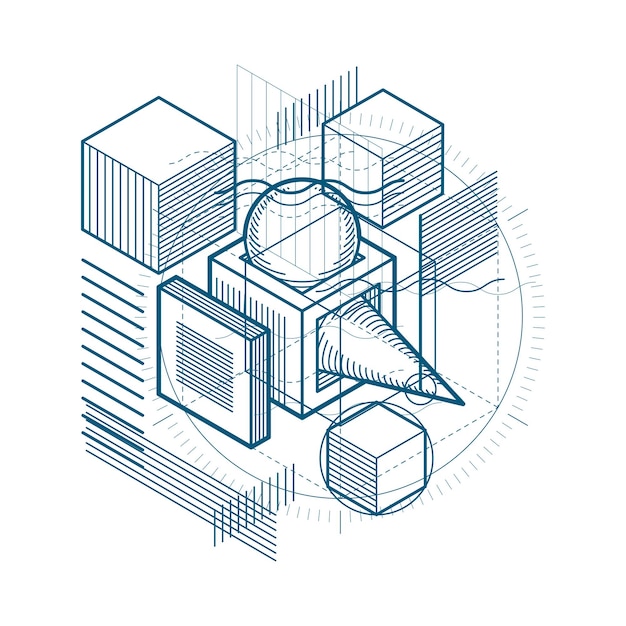 isometric abstraction with lines and different elements, vector abstract background. composition of cubes, hexagons, squares, rectangles and different abstract elements.