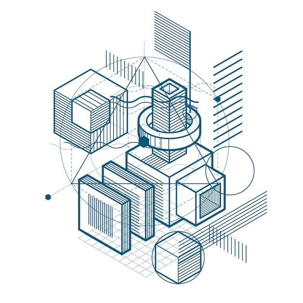 Isometric abstraction with lines and different elements, vector abstract background. Composition of cubes, hexagons, squares, rectangles and different abstract elements.