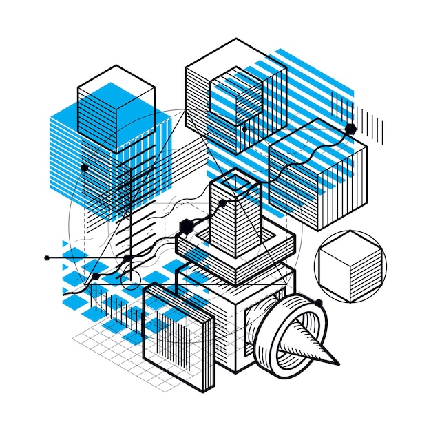 Isometric abstraction with lines and different elements, vector abstract background. Composition of cubes, hexagons, squares, rectangles and different abstract elements.