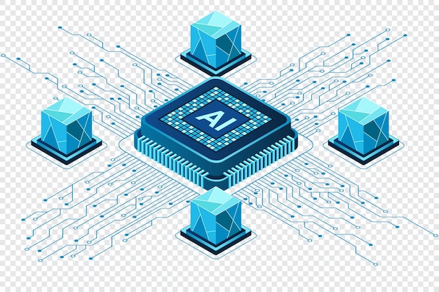 Isometric artificial intelligence chip concept Artificial intelligence concept Futuristic microchip processor Vector illustration