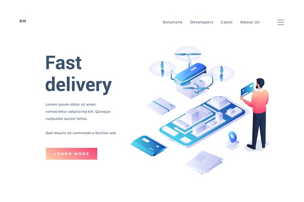  isometric banner of modern smartphone application offering service of fast delivery with male  customer using it on white background