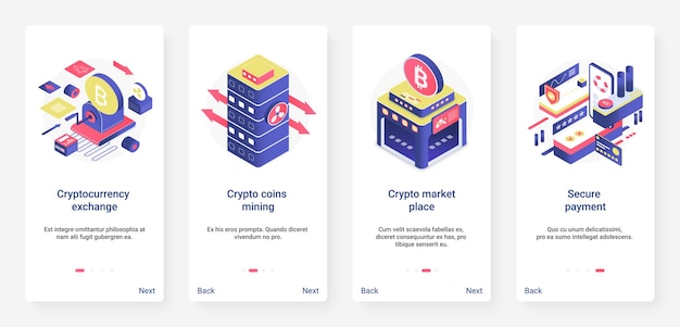 Isometric blockchain crypto currency stock market UX UI mobile app page screen set