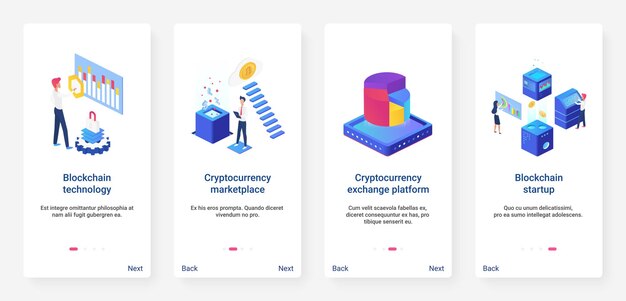 Isometric blockchain cryptocurrency startup UX onboarding mobile app page screen set