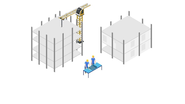 Isometric building construction Construction site illustration