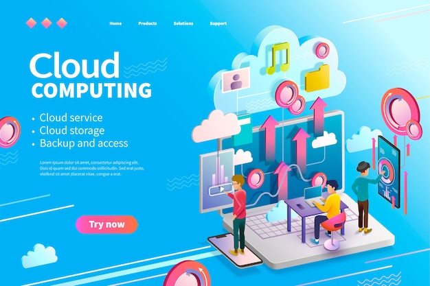  isometric cloud computing webpage , people using could service uploading data