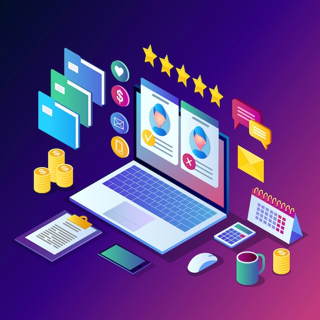 Isometric computer with cv resume illustration