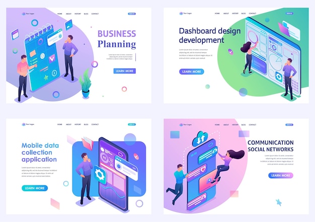 isometric conceptsbusiness planning create dashboard mobile app social network For Landing page
