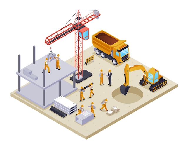 Isometric construction equipment composition background
