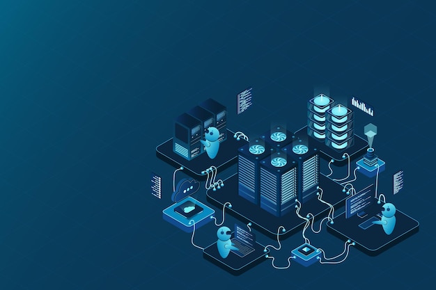 Isometric data center or server room Data center connection network Cloud storage Isometric high technology concept Vector illustration