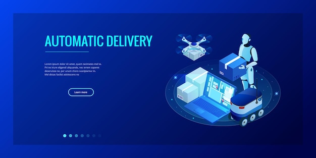 isometric drone fast delivery of goods in the city. technological shipment innovation concept. autonomous logistics. robot delivery web concept.