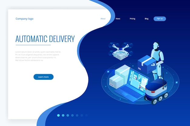 isometric drone fast delivery of goods in the city. technological shipment innovation concept. autonomous logistics. robot delivery web concept.