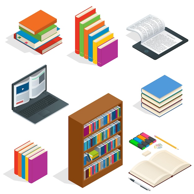 Isometric Educational Concept. Open book of knowledge, back to school, different educational supplies Can be used for workflow layout, banner, diagram, number options, web design and infographics.
