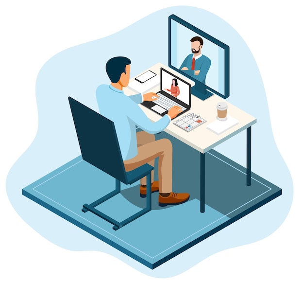Isometric flat vector features an online video conference highlighting how remote technology facilitates business teams meetings and collaborative work