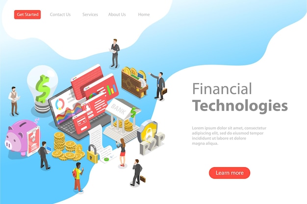 isometric flat vector landing page template of fintech financial technology online banking blockchain data analysis