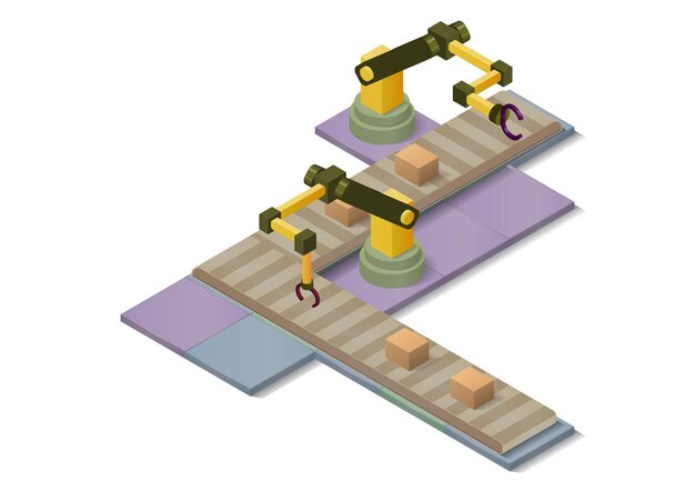 isometric flowchart with industrial robots and machines packing products at plant