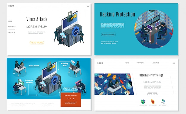Isometric hacker activity websites set with computer password mail datacenter hacking virus trojan attacks biometric authorization protection