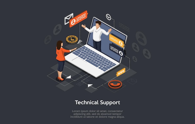 Isometric Illustration Cartoon 3D Design With Elements And People Technical Support For Website Application