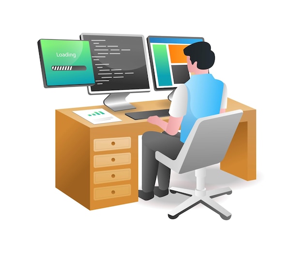 Isometric illustration concept man typing programming language for web application