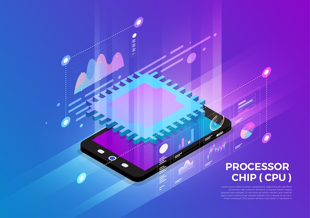 Isometric illustrations design concept mobile technology solution on top with CPU Processor chip