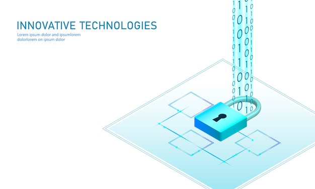 Isometric internet security lock business concept. Blue glowing isometric personal information data connection pc smartphone future technology. 3D infographic illustration