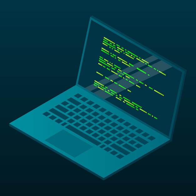 Isometric laptop 3d isometric laptop computer Abstract programming language and program code on a laptop screen Isometric technology