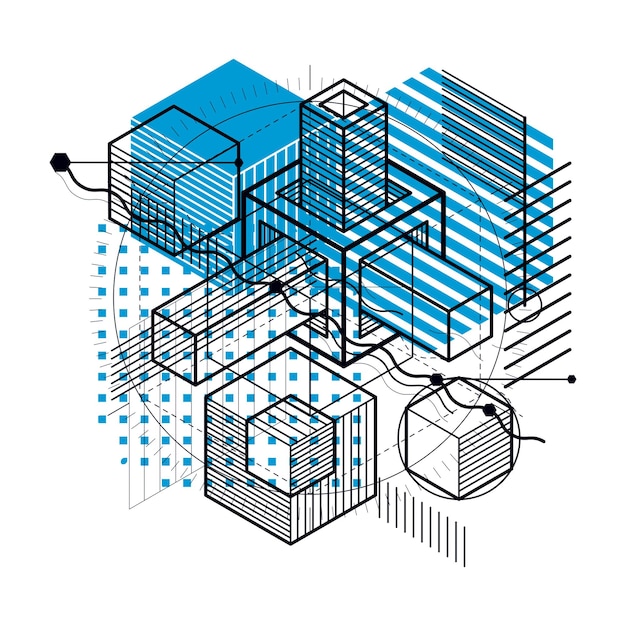 isometric linear abstract vector background, lined abstraction. cubes, hexagons, squares, rectangles and different abstract elements.