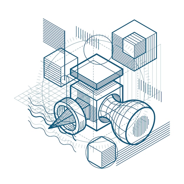 Isometric linear abstract vector background, lined abstraction. Cubes, hexagons, squares, rectangles and different abstract elements.