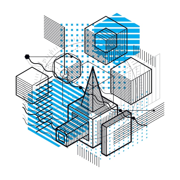 isometric linear abstract vector background, lined abstraction. cubes, hexagons, squares, rectangles and different abstract elements.